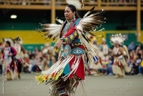 native american woman in full regalia dancing at a powwow