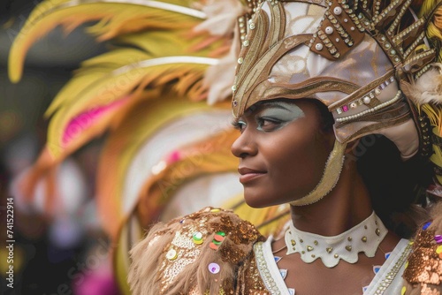 brazilian woman in carnival costume with headdress and sequins
