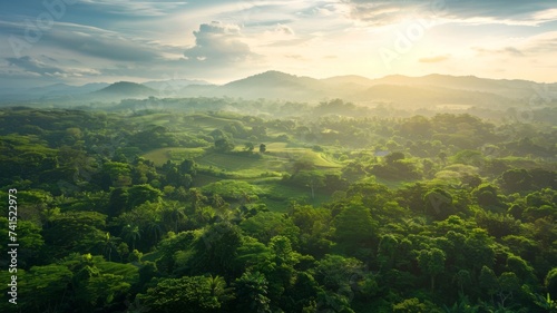 Sunrise Over Verdant Hills - Pristine Landscape - The warm glow of sunrise spills over lush, rolling hills, highlighting the peaceful beauty of rural landscapes. This image is perfect for illustrating