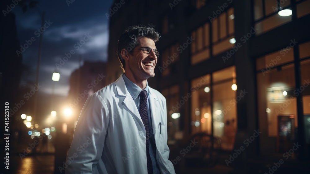 Laughing Doctor in Cinematic Setting Brightens Hospital Atmosphere - obrazy, fototapety, plakaty 