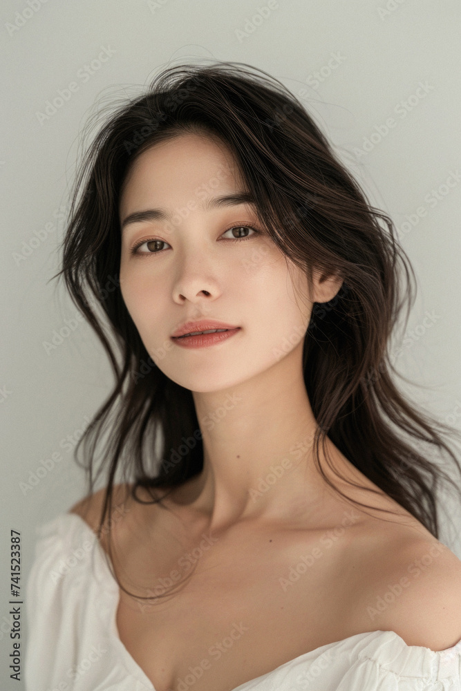 Beautiful confident young adult Asian woman posing for beauty portrait. Pretty smiling happy healthy girl student model from Asia looking at camera smiling on background. Close up face . Beautiful confident young adult Asian woman posing for beauty portrait. Pretty smiling happy healthy girl student model from Asia looking at camera smiling on background. Close up face .