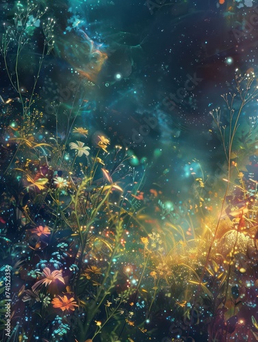 Fantasy painting: cosmic garden amidst nebulous void, with glowing flora and ethereal fauna