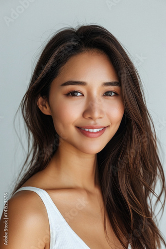 Beautiful confident young adult Asian woman posing for beauty portrait. Pretty smiling happy healthy girl student model from Asia looking at camera smiling on background. Close up face .