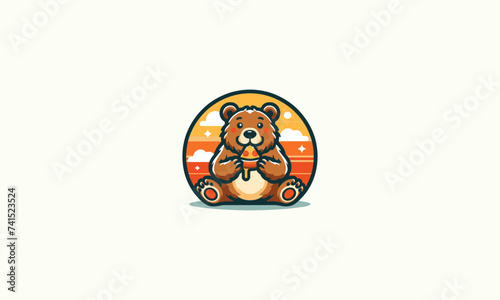bear eat pizza vector illustration logo flat design