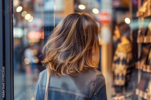 female with layered haircut window shopping