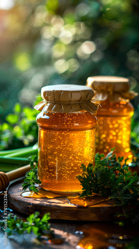 Jars of honey among greenery. AI Jars of honey among greenery. AI