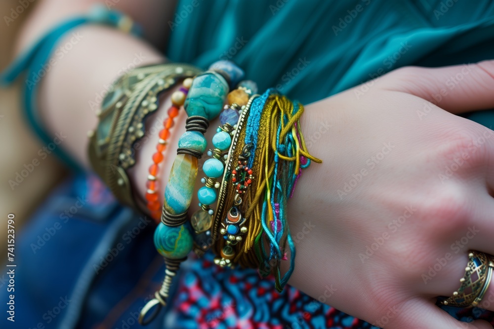 closeup on colorful boho bracelets and rings on wrists