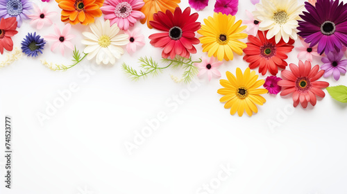 Fond blanc avec un contour de fleurs, plantes fraîches et colorées. Nature, ambiance florale. Printemps, printanier, été. Espace vide de composition. Pour conception et création graphique.