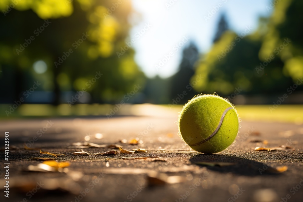 Captured in detail, a tennis ball rests on the court, offering a perfect backdrop for text and branding, suitable for presentations, flyers, and advertising campaigns