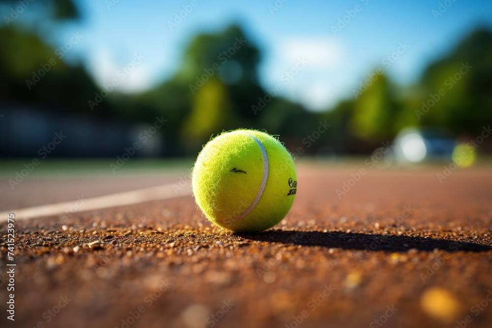 With its vibrant colors, a tennis ball lies on the court, creating a dynamic composition for text and branding placement, perfect for presentations, flyers, and marketing materials