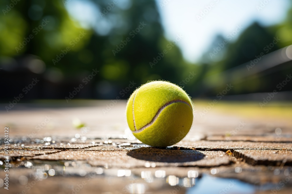 With its vibrant colors, a tennis ball lies on the court, creating a dynamic composition for text and branding placement, perfect for presentations, flyers, and marketing materials