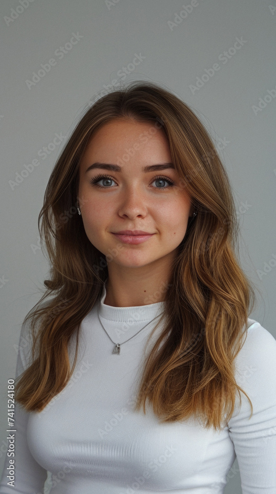 Happy attractive confident young adult or mid aged European woman posing for beauty aesthetic portrait. Beautiful lady smiling on background, attractive female model looking at camera. Close up face .