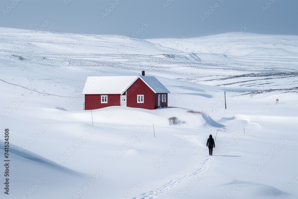 individual walking towards a single house in a snowy landscape