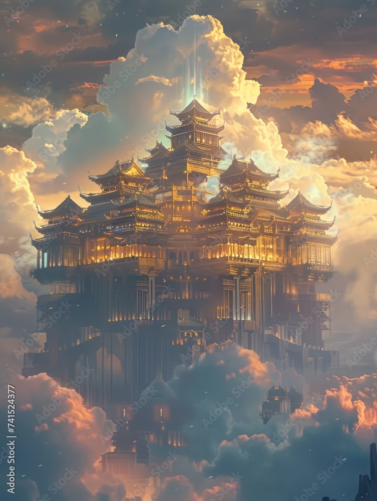 An illustration in traditional Chinese art style depicting a grand castle suspended in the sky, surrounded by magnificent structures, symbolizing the vastness of Chinese Heaven