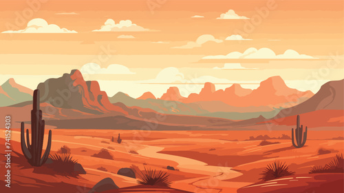 Vector illustration of sunset desert landscape. 