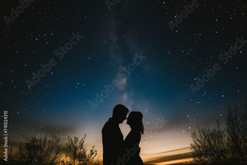 couples silhouette merged with a starry night sky