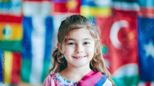 Little children during lesson at language school: emotional happy face of a little girl studying a foreign language against the background of flags of different countries, Education concept