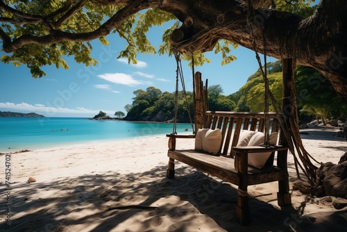 A breathtaking tropical beach panorama captured during sunset, featuring a serene scene with a hanging swinging chair swaying gently in the breeze, inviting relaxation and tranquility