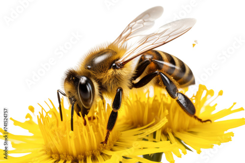Honey Bee Gathering Nectar on Sunlit Dandelion Isolated on Transparent Background