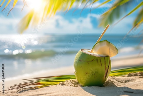 Tropical coconut juice, water, cocktail with bamboo drinking straw on sunny beach and palm minimal. Cold summer refreshment beverage for enjoy. Close up. Copy space.