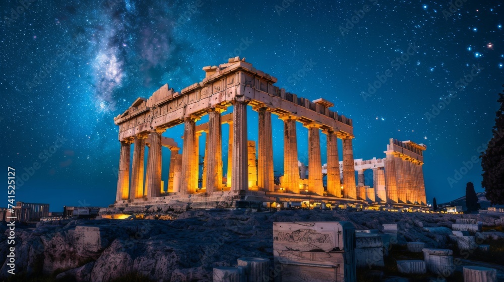 Obraz premium Ruins of the Acropolis in Athens at night. History of ancient Greece. Stone columns.