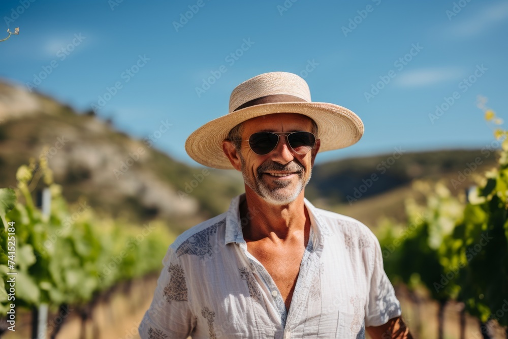 Portrait of happy senior man in vineyard, wearing straw hat and sunglasses