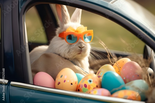 Cute Easter Bunny with sunglasses looking out of a car. photo