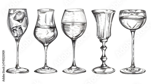 Vector set of glasses goblets in ink hand drawn 