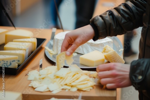 person handing out cheese samples to visitors photo