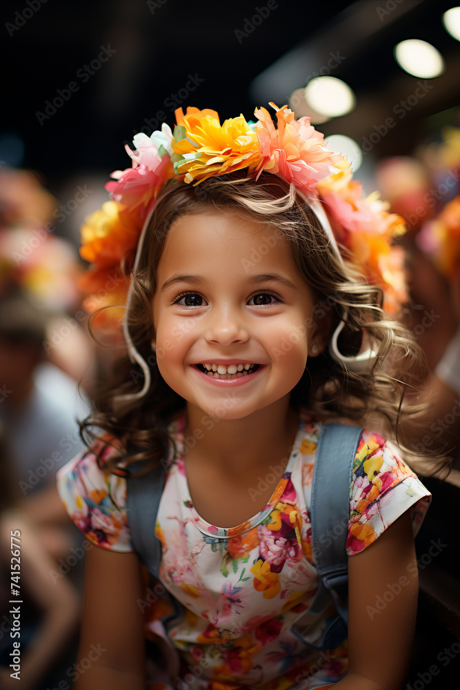 Girl Wearing Fun Headgear: Candid shot of girl wearing playful and whimsical party hat made of paper flowers. Girl Wearing Fun Headgear: Candid shot of girl wearing playful and whimsical party hat made of paper flowers.