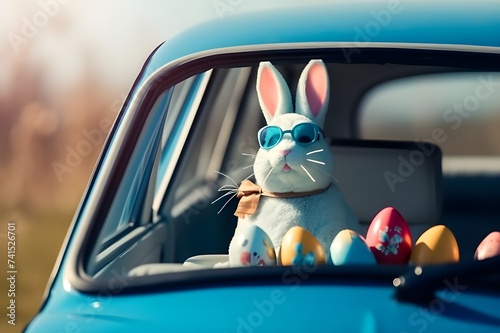 Cute Easter Bunny with sunglasses looking out of a car. photo