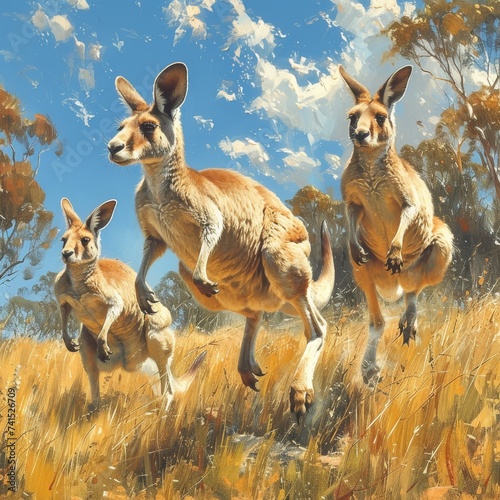 Lively kangaroos hopping across an Australian outback landscape, representing agility.  © Nico