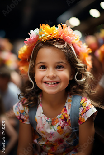 Girl Wearing Fun Headgear: Candid shot of girl wearing playful and whimsical party hat made of paper flowers.
