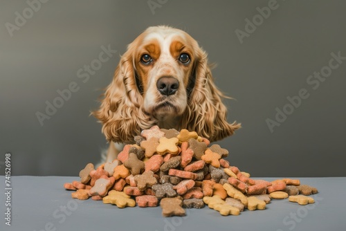 snappy cocker spaniel guarding a pile of dog treats