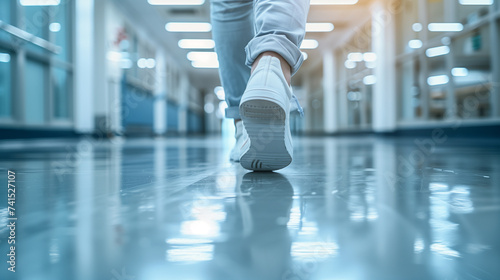 Assistant legs walking in hospital, legs of a doctor's assistant walking down the corridor of a modern hospital with a blurred background and focus on the leg, generative ai