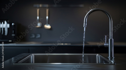  kitchen, dishwashing sink, stainless steel tap, water flow, wall, black background