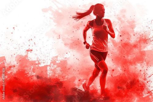 Athletic athlete in action, woman red watercolour with copy space