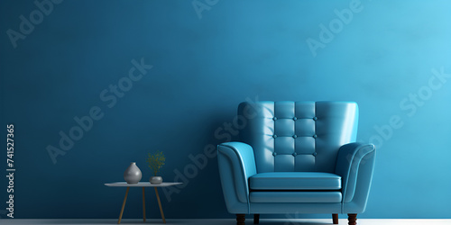 Contemporary indoor space featuring an armchair against a backdrop of blue walls