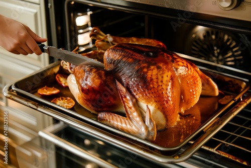 person removing a goldenbrown turkey from the oven on a tray photo