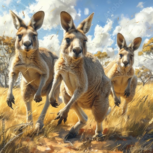 Lively kangaroos hopping across an Australian outback landscape, representing agility. 
