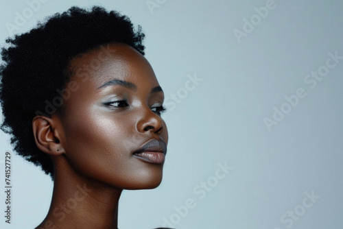 Young adult African American woman posing for beauty portrait. Pretty smiling happy Black girl model pampering smiling on background advertising healthy skin care cosmetics. Face skincare concept .