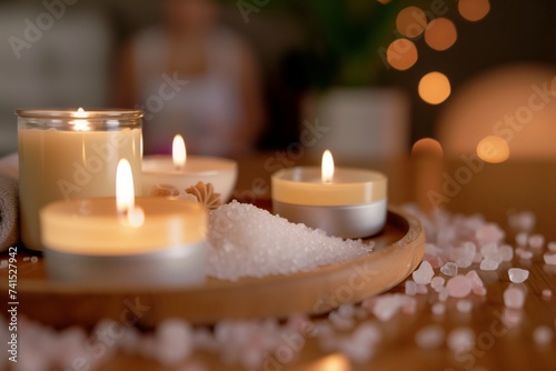 closeup of candles and bath salts on wooden tray  person in background