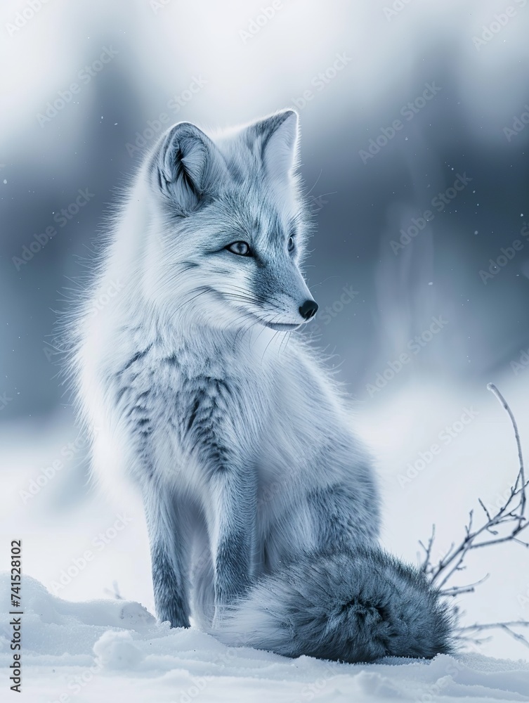 realistic illustration of an arctic fox sitting in the snow