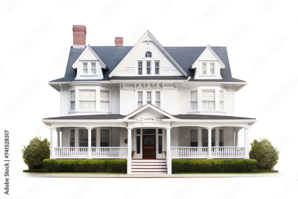 Symmetrical Colonial Revival House Isolated on Transparent Background