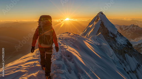 A climber reaching the summit at golden hour. © Imaging L