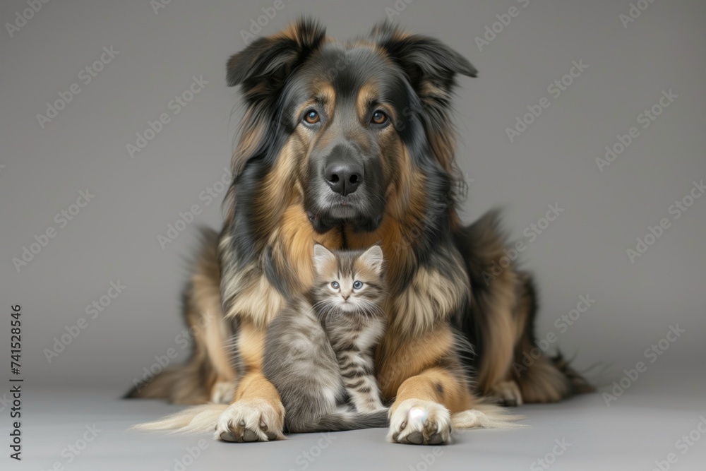 large dog sitting still with kitten tucked between its paws