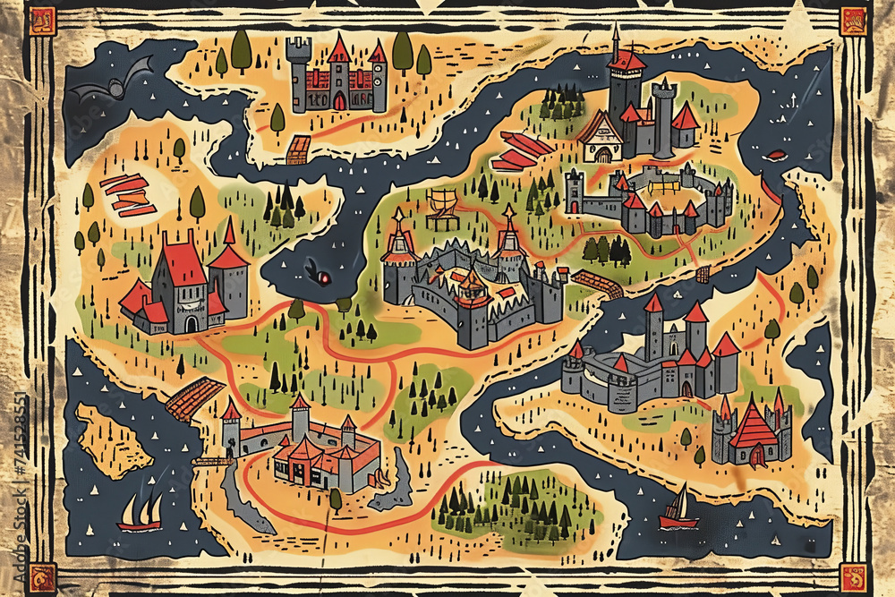 Naklejka premium A vintage game map with castle