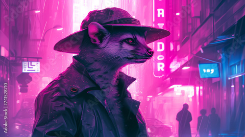 Modish mongoose in a tailored blazer, wearing a fedora hat, amidst a bustling cityscape backdrop, lit with urban neon, exuding metropolitan sophistication and style