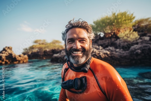 Portrait of a smiling man in a diving suit standing in the sea. © Nerea
