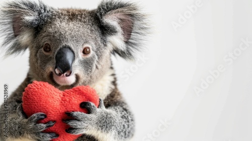 cute happy koala holding a stuffed heart shape isolated on white background. ai generated